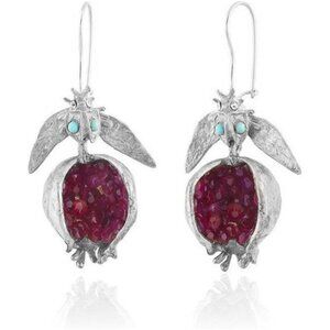 Silver Pomegranate Earrings– Cubic Zirconia Red Fruit Dangle Earrings for Women